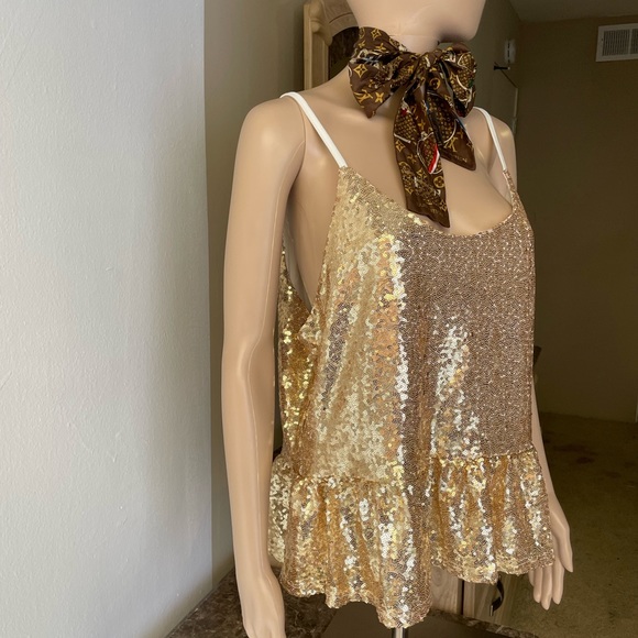 Gold sequined top peplum hem XL - Picture 2 of 8